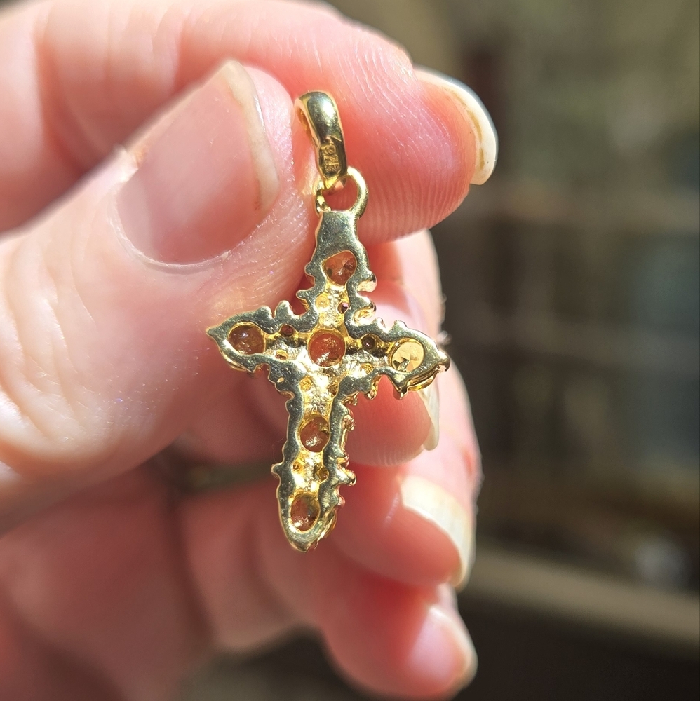 Tourmaline & Rhodolite Natural Sterling & Gold Cross Pendant Necklace 1" - Picture 9 of 10